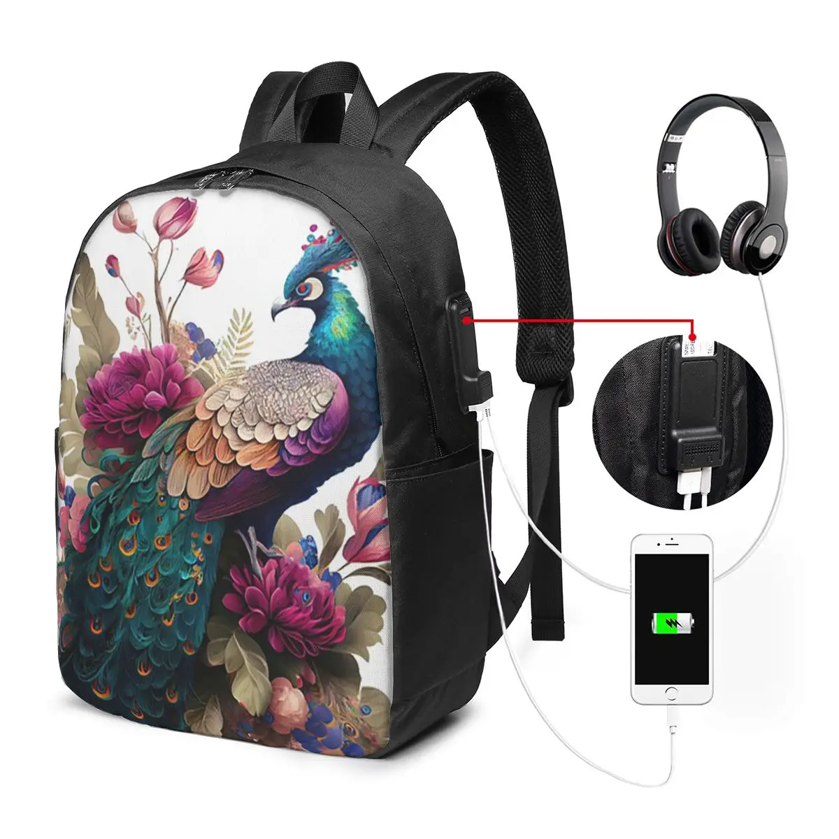 Peacock Rests On Floral Branch Backpack Travel Notebook Bag Computer College Student School Bag Laptop Shoulder Bags Men Women