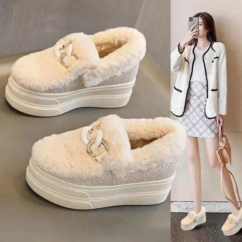 2024 Platform Plush Boots Women Crystals String Bead Hot Warm Height Increasing Short Snow Boots Pearl Fur Shoes Woman