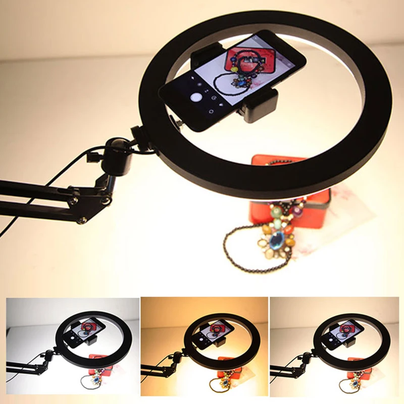 Overhead Tripod with Ring Light for Mobile Cell Phone Desktop Video Shooting Table Horizontal Smartphone Tripe for Cook Filming