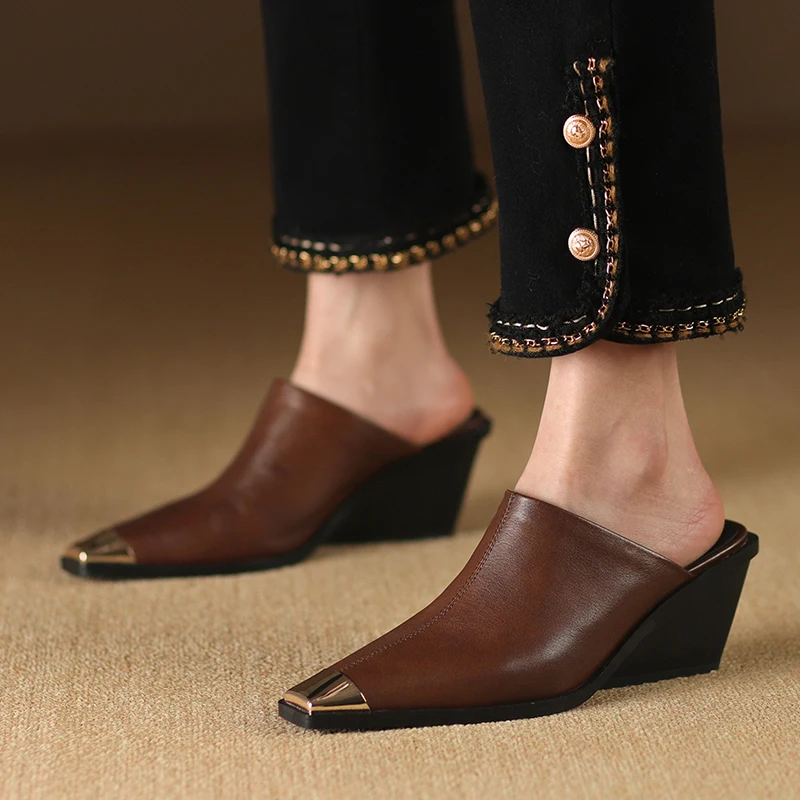 2024 New Ladies Genuine Leather Metal Head Mules Fashion Med Chunky Heels Summer Wedges Slippers Women Casual Office Shoes Woman