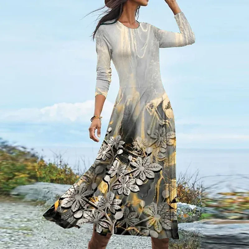 Elegant Bohemian Beach Dress Vintage Floral Print Pleated A-line Dress Casual Chic Long Sleeve Round Neck Women Party Long Dress