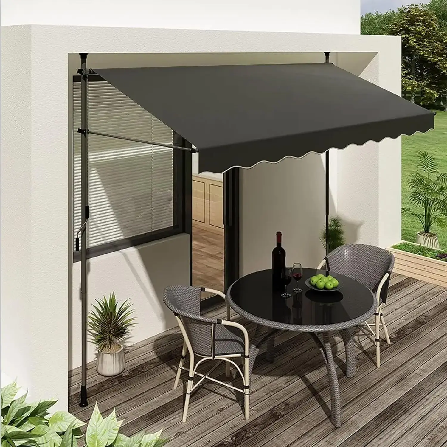 Manual Retractable Awning Outdoor Patio Sunshade Canopy with Shade Curtain, Adjustable Non Drill Steel Frame Entrance Overhang, Protective Cover for Balcony Backyard Cafe, Dark Gray