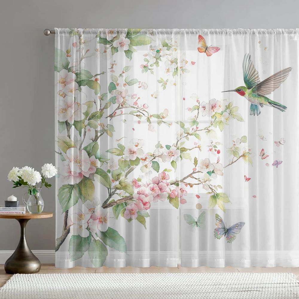 2PCS Home decoration flower and bird printed window screens with pole bags, suitable for kitchens, cafes, and living rooms