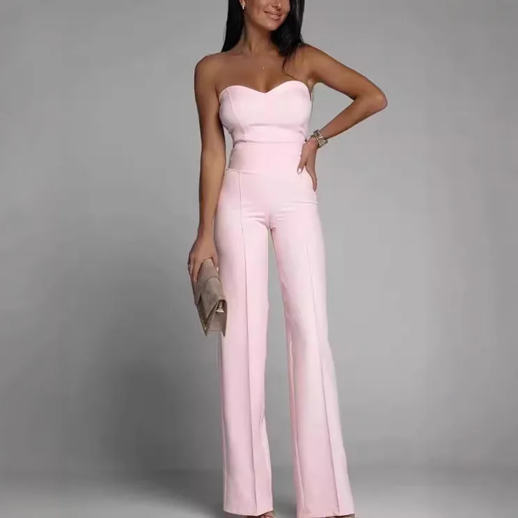 

New Women's Solid Color Sexy Slim Fit Strapless Straight Leg Jumpsuit 2025 Summer