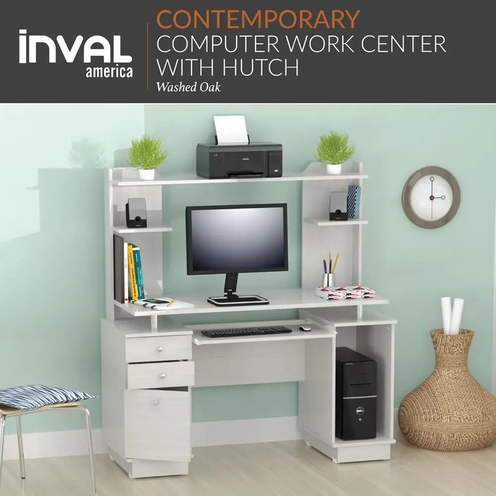 أمريكا، 53.5 بوصة ارتفاع × 48.62 بوصة عرض × 19.5 بوصة عمق، مركز عمل من خشب البلوط المغسول مع حافظة، صينية لوحة مفاتيح قابلة للسحب، أدراج، محطة عمل مكتبية