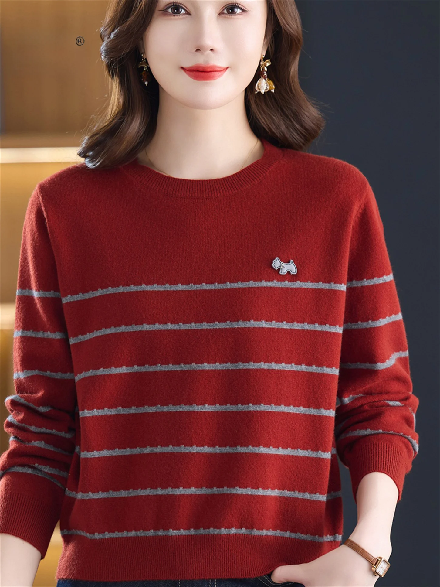 

Faionable Striped Knitwear round Ne Loose Women's Sweater for Young Mothers Middle Aged And ly Warm Comfortable Casual