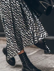 Women Print Patchwork Slit Elastic Waist Skirt Casual Lady Streetwear Vintage Long Skirt Spring Summer Loose Ankle-Length Skirt