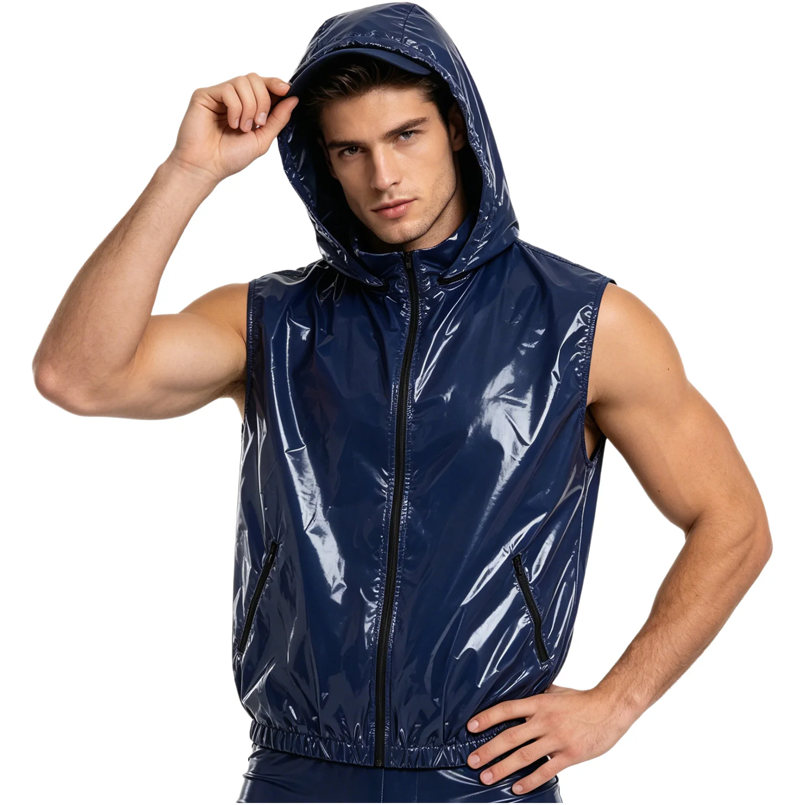 Men's Waterproof Hooded Vest Detachable Hood Sleeveless Zipper Sports Tank Top Coat with Pockets for Cycling Workout Nightclub