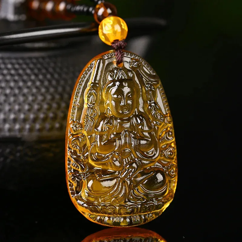 Citrine Zodiac Guardian God Buddha Statue Luck Pendant Amulet Necklace Jewelry