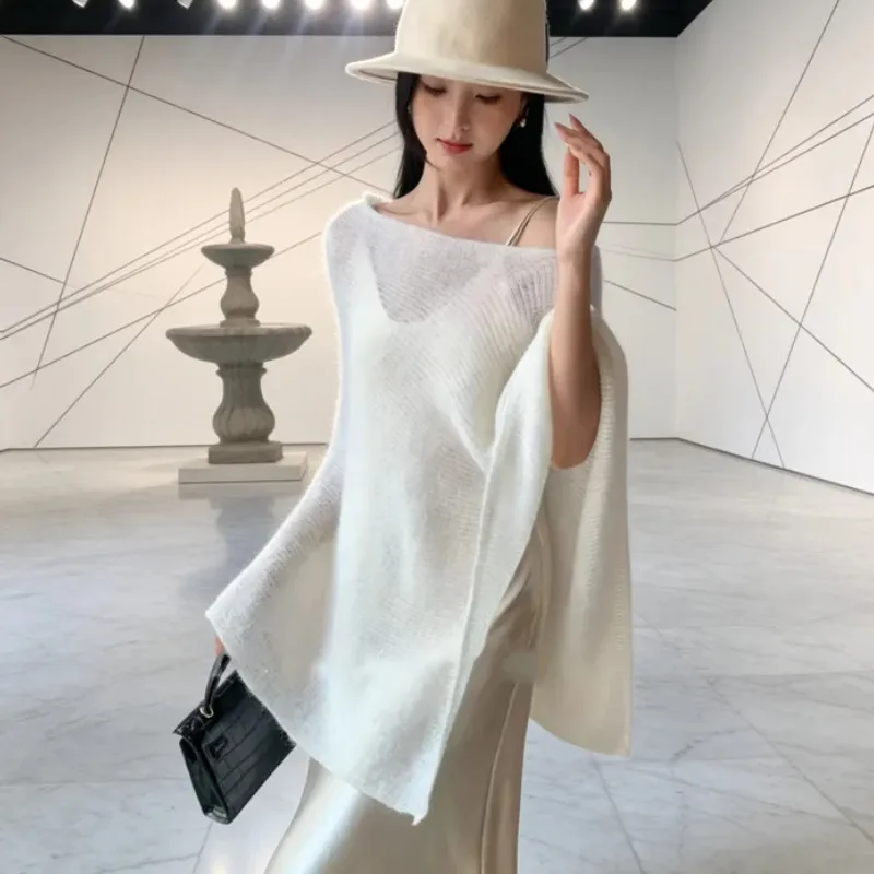 Women Knitwear Bikini Cover-up See-through Tops Lightweight Shrug Shawl Off Shoulder Mesh Loose Beach Tops Popcorn Shrug Cape Pu