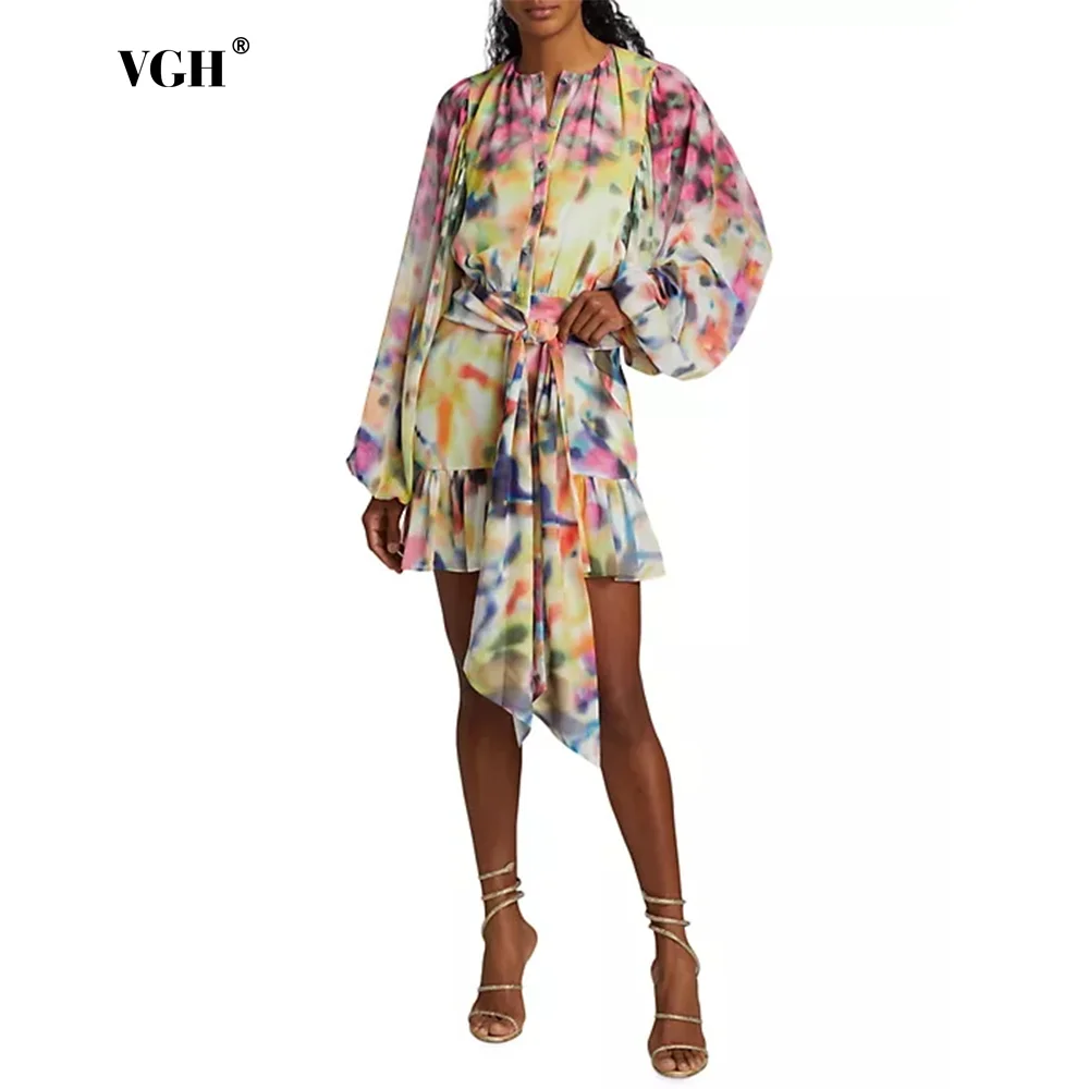 VGH Tie Dye Short Dress Women O Neck Puff Sleeves High Waist Patchwork Lace Up Pleated Elegant Dresses Female Autumn Fashion New