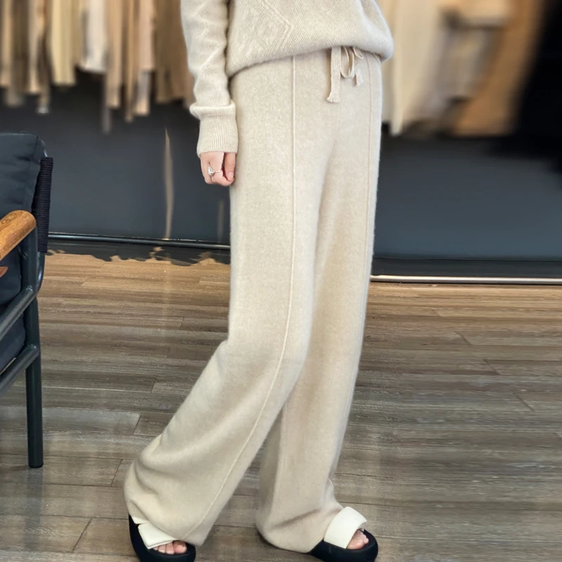 100% wool pants women's sewing knitted winter wide-leg pants thick Maillard gaiden cashmere pants women wear outside.