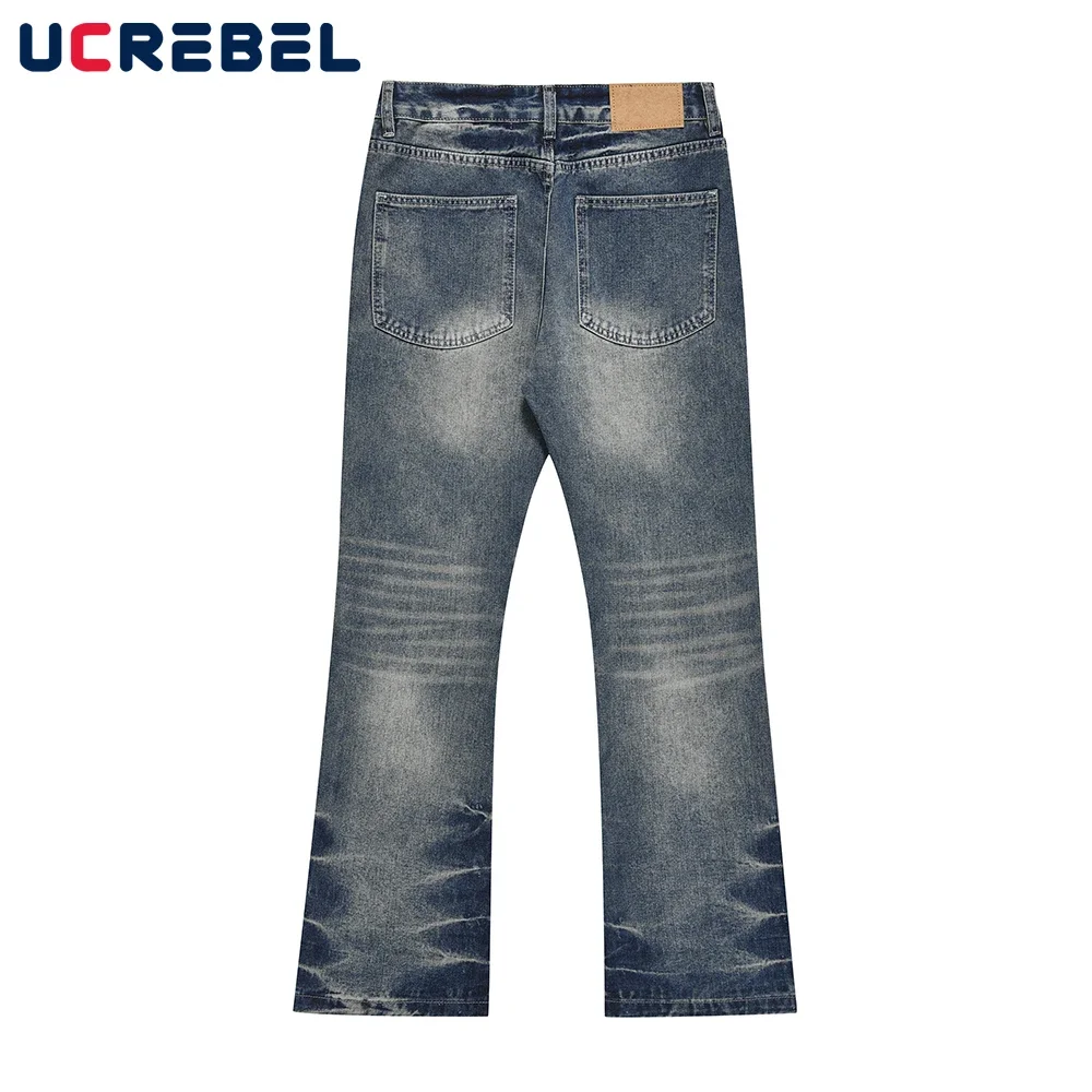 Washed Distressed Retro Blue Denim Pants Mens High Street Casual Flared Jeans Men Trousers