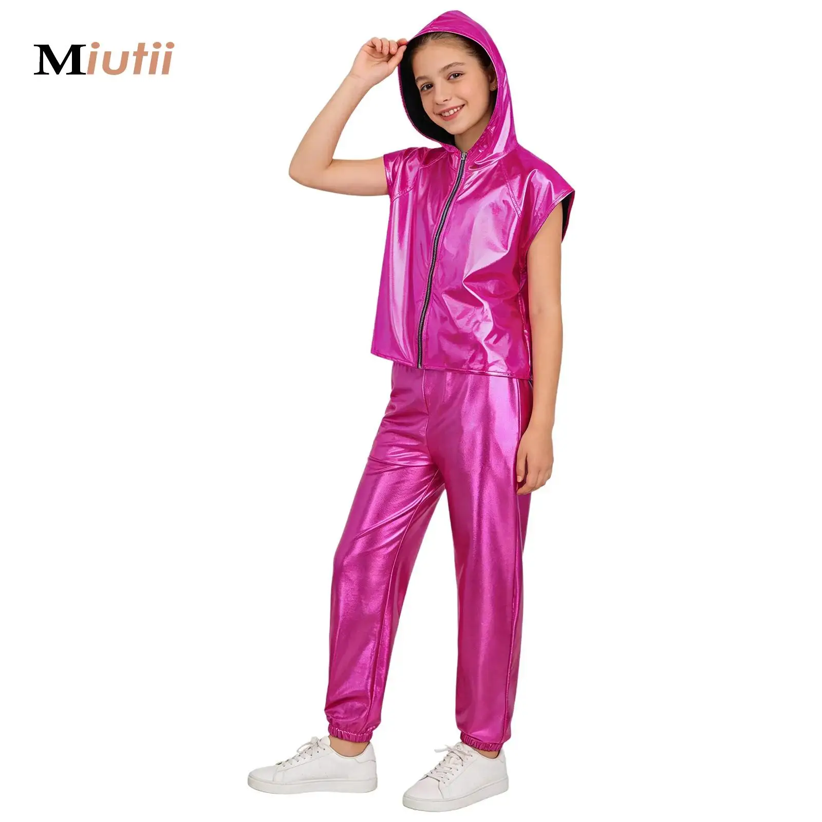 

Jazz Hip Hop Dance Outfit for Kids Boys Girls Shiny Metallic Hooded Vest T-Shirts with Pants Sports Set Modern Street Dancewear