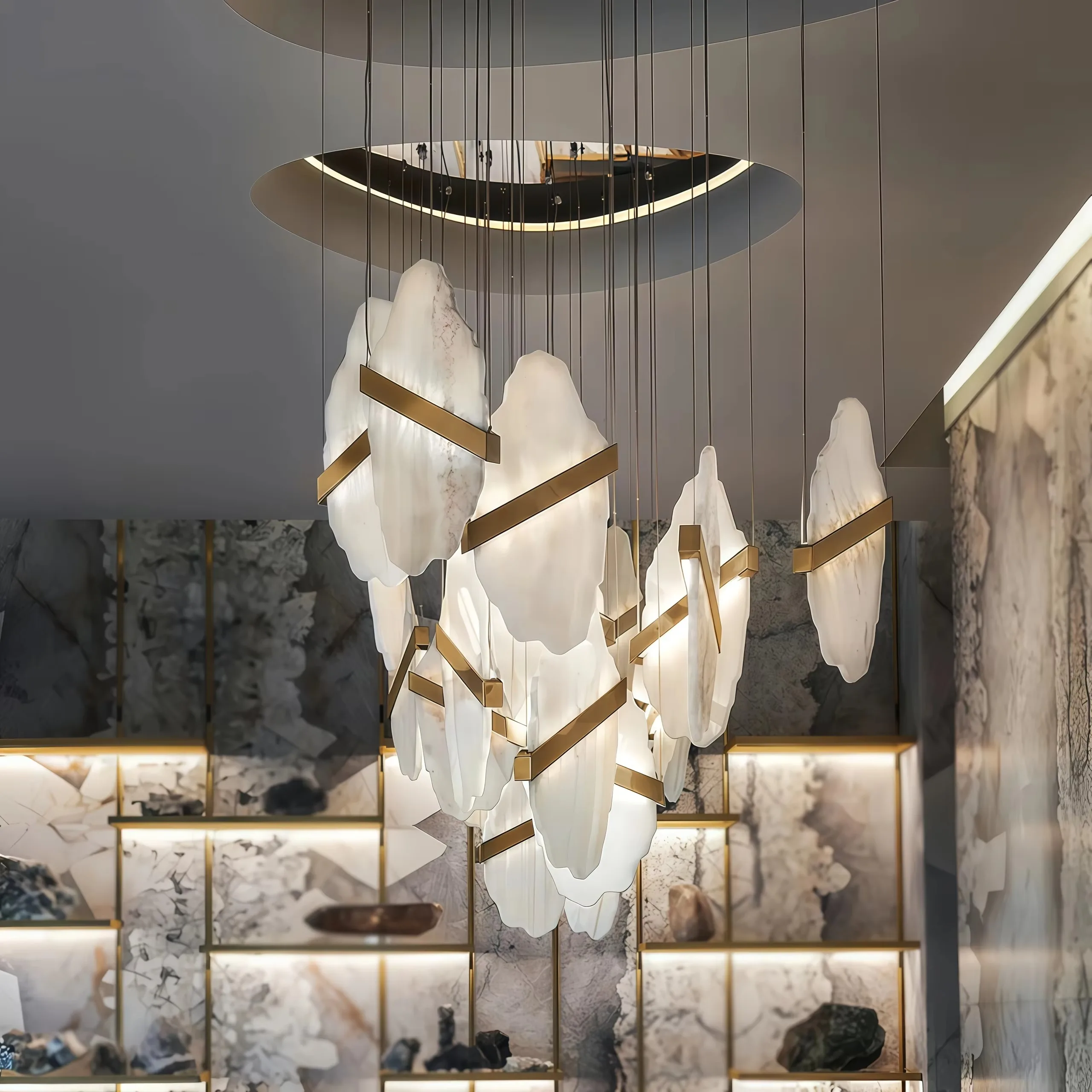 Irregular arble Pendant Light LED Strip Hanging Lamp Modern Chandelier For High Ceiling Living Dining Room Foyer Stairwell Lobby