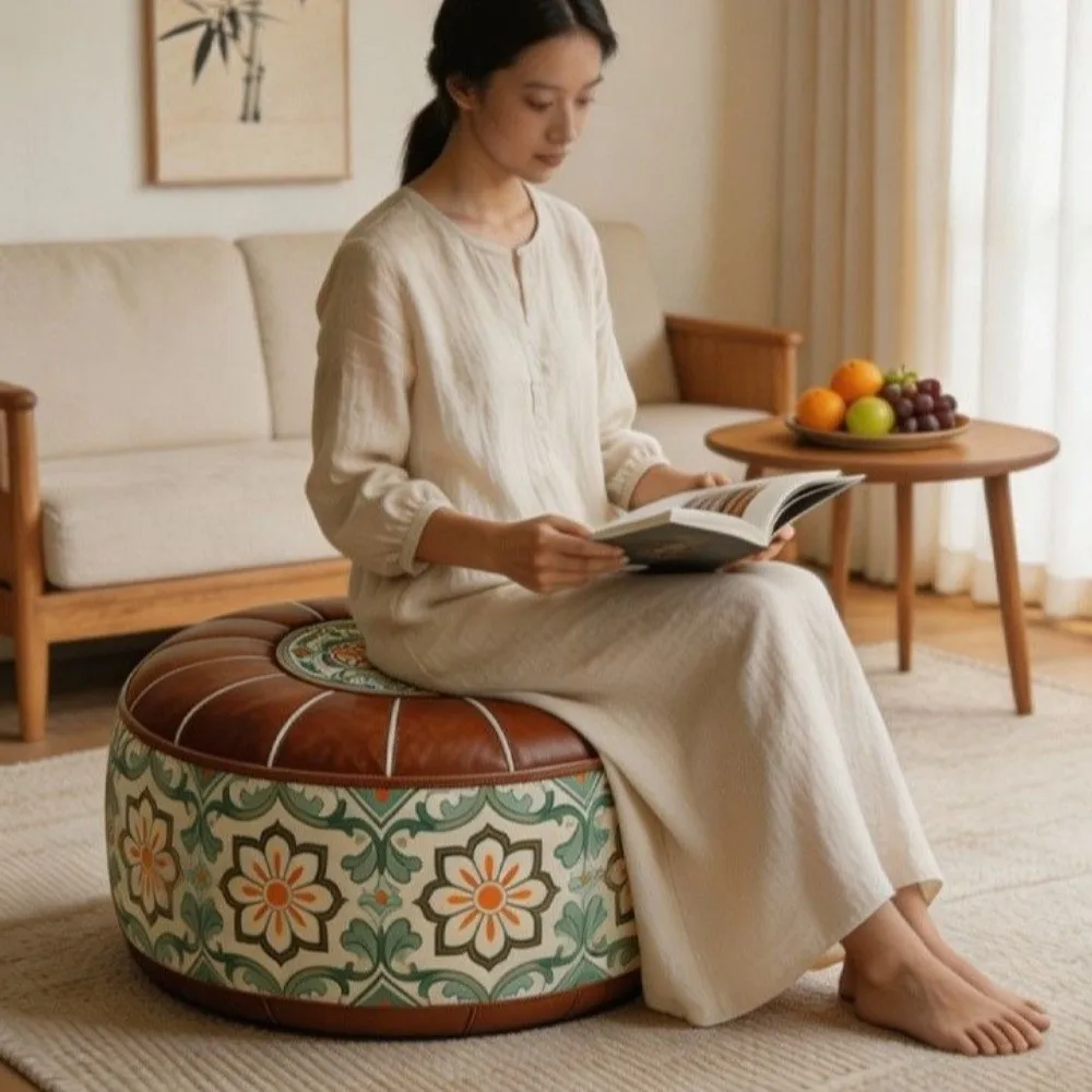Boho Style Sofa Stool Cover PU Leather Foldable Round Footstool Cover Unstuffed Large Capacity Clothes Storage Bag Leisure
