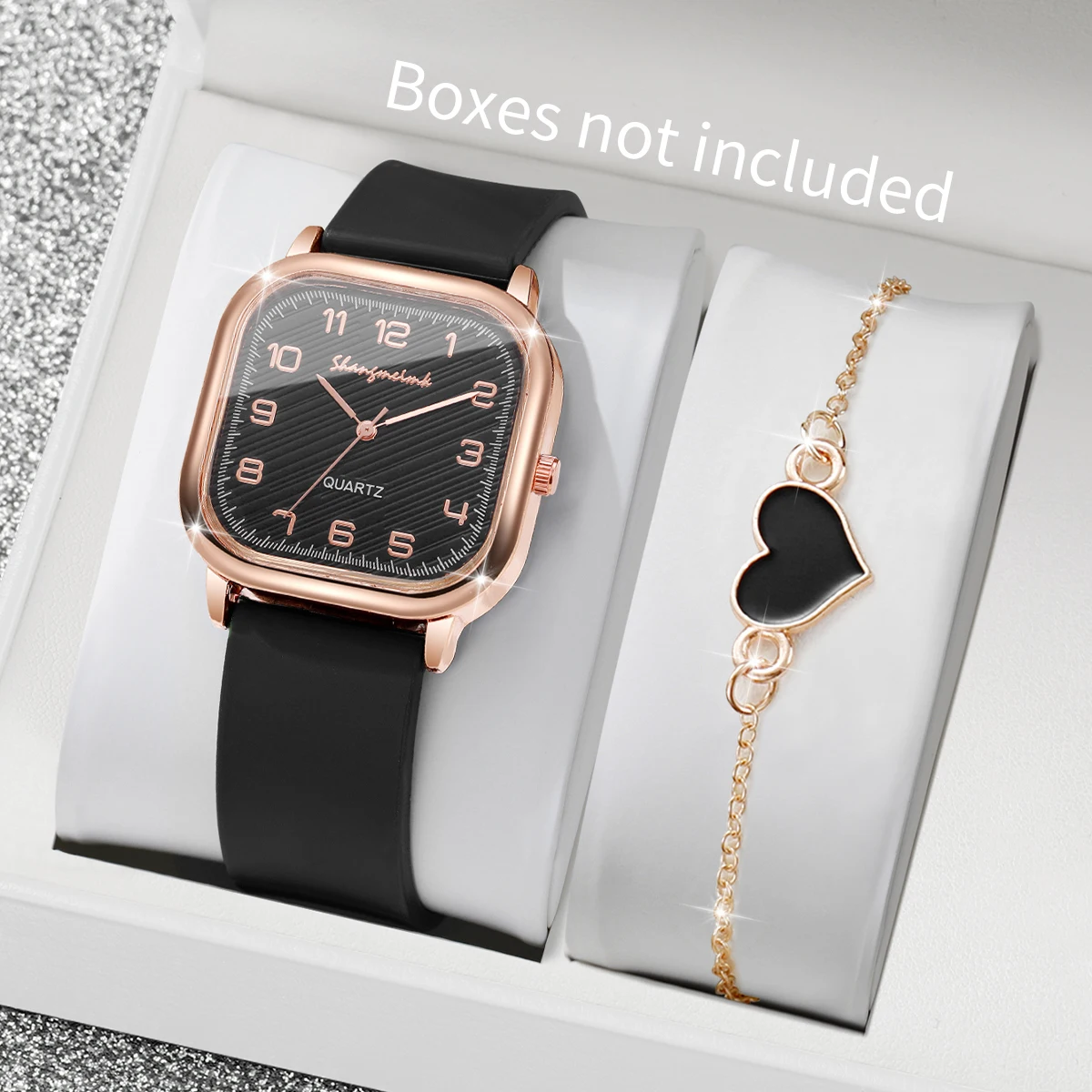 2PCS Fashion Square Women Watches Heart Bracelet Set Casual Silicone Strap Quartz Watch Reloj MujerWithout Box