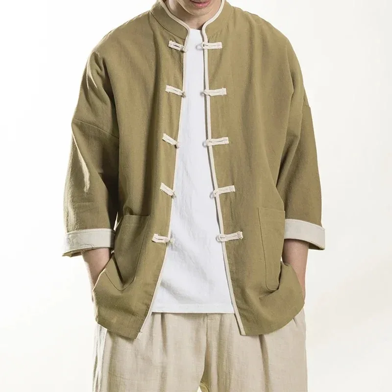 

Мужская одежда больших размеров, повседневные тонкие топы, костюм Тан, винтажное пальто, 2024, традиционное китайское платье, весна-лето, хлопковая рубашка