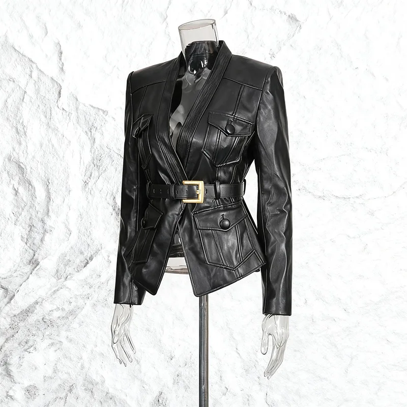 Black V Collar Multi Flap Pockets with Gold Square Buckle Belt Waist Cinched PU Leather Jacket Women Slim Moto Cargo Coat
