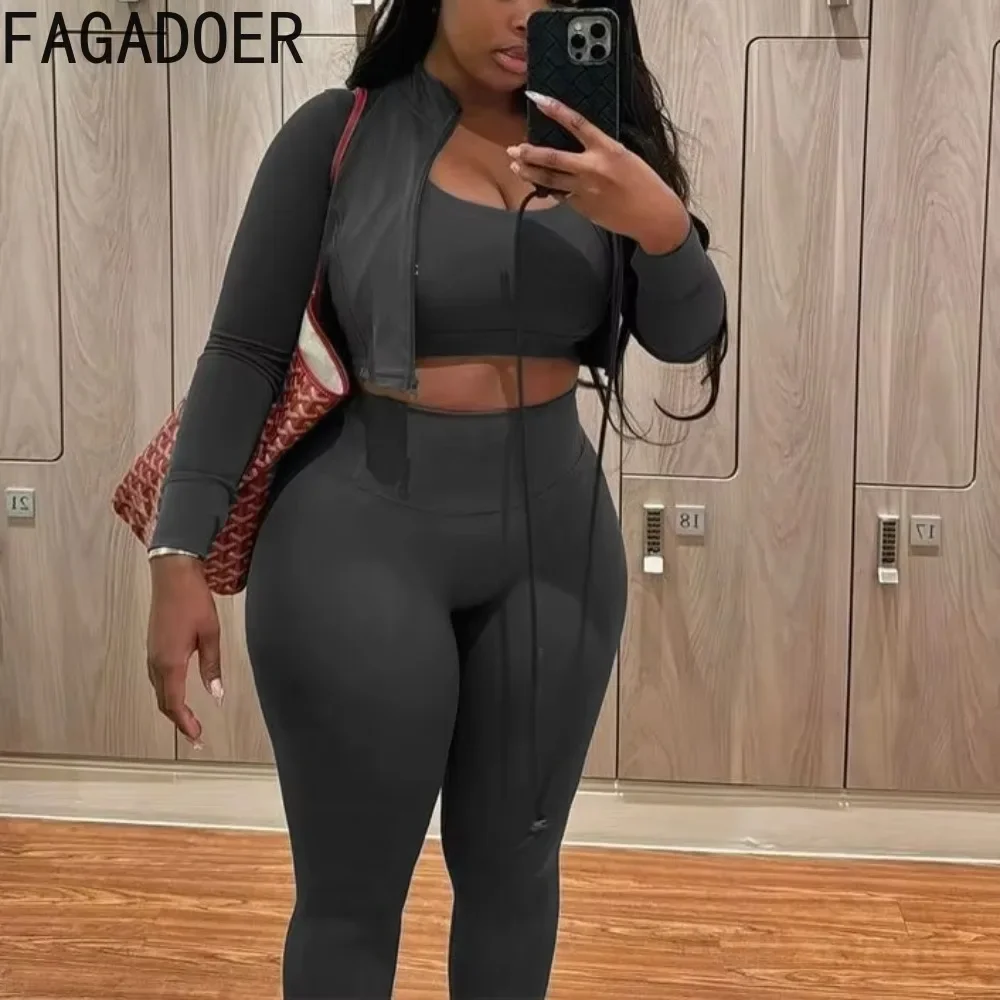 FAGADOER High Quality 3 Piece Sets Women Outfit Fashion Stretchy Tracksuit Sport Streetwear Jacket+Bra+Leggings Joggers Suits