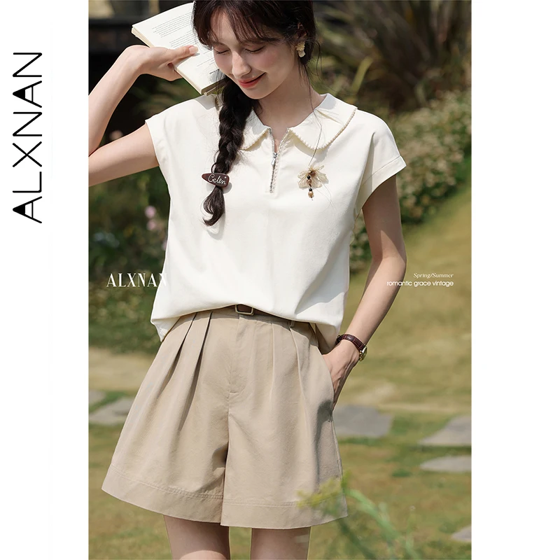 ALXNAN T-Shirt mit Polokragen, kurzärmelig, Baumwolle, Damen-T-Shirt, 2025, elegantes 3D-Blumen-Reißverschluss-Design, lässige Oberteile, Damen, L55210