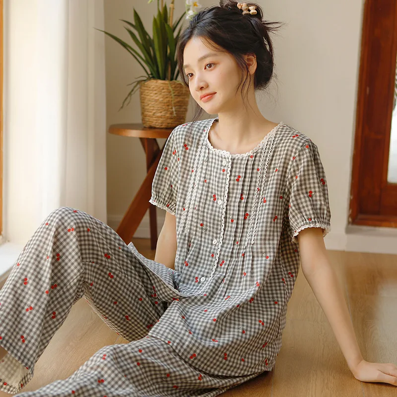 

Sweet Summer Plaid Cotton Short Sleeve Pajama Sets For Women Loose Nighty Summer Girls Home Clothes