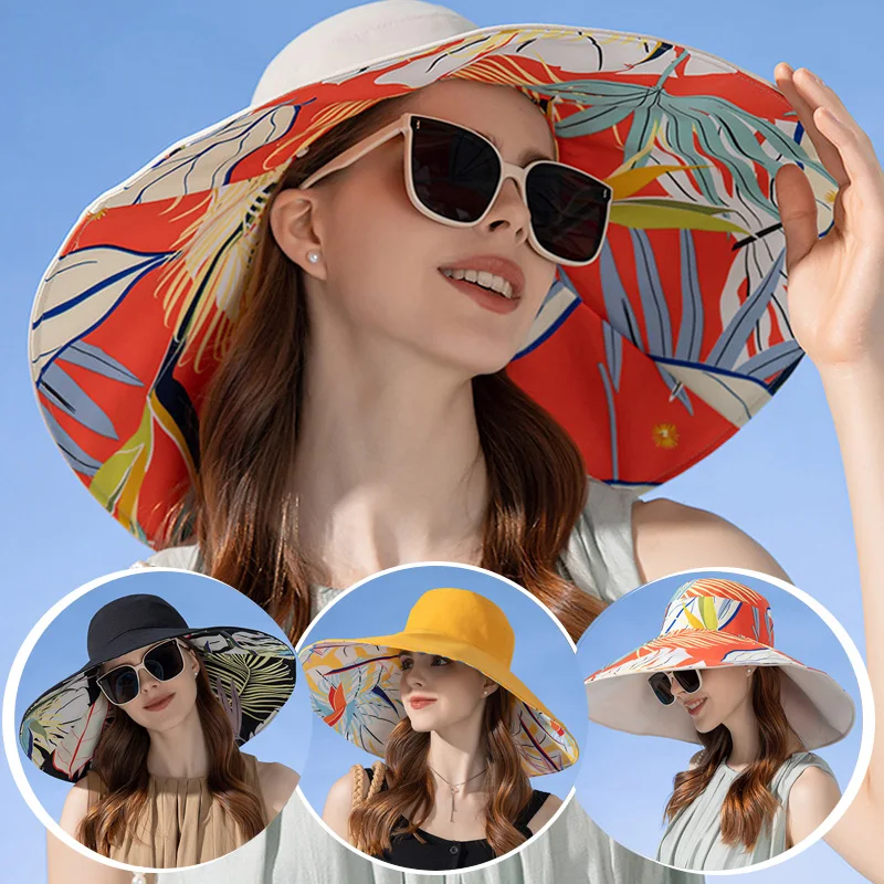 Double-sided Women Sun Hats Big Brim Cotton Summer Bucket Hat Outdoor Travel Beach Panama Hats Woman Cap 18cm Adjustable Brim