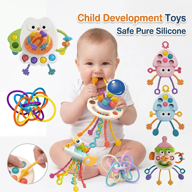 Brinquedo Sensorial Montessori com Corda de Puxar, Mordedor de Silicone para Bebês, Atividade de Educação Precoce, Brinquedo de Viagem para Crianças de 0 a 18 Meses