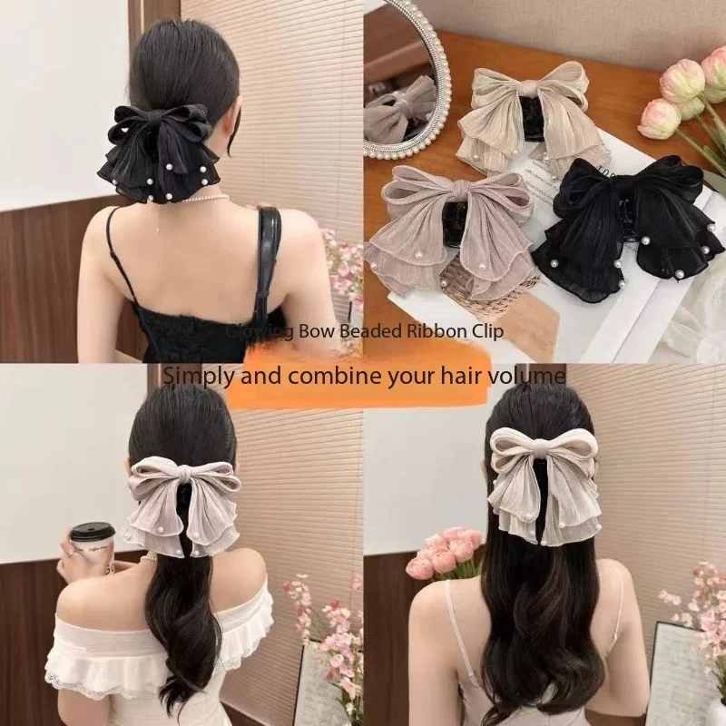 Super Fairy Pearl Yarn Bow Hair Clip Fashionable Nail Bead Ponytail Grip Decorative Clip Versatile Hair Accessory