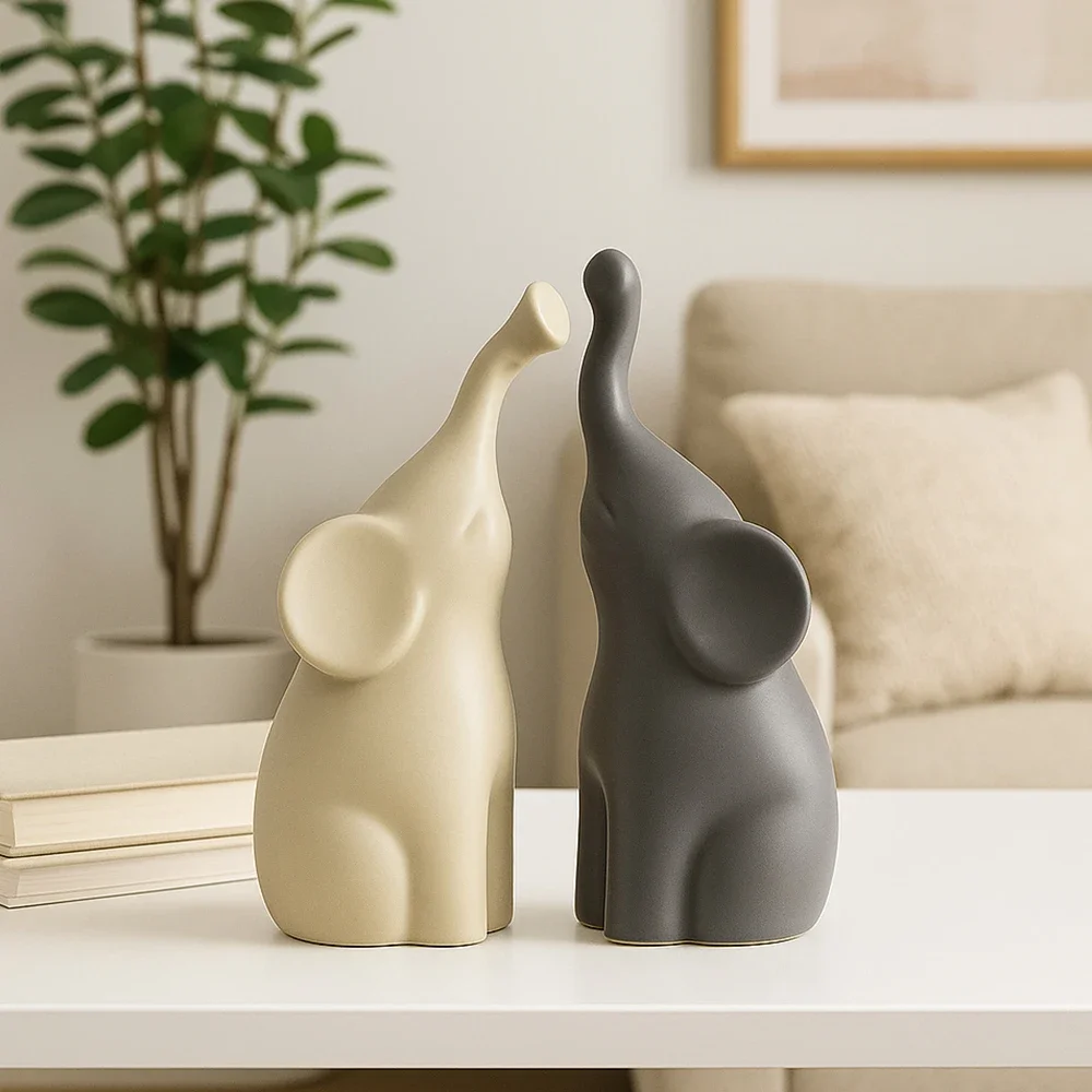 Nordic Ceramic Elephant Couple Statue Set Grey Beige Minimalist Home Decor Figurines Romantic Wedding Anniversary Gift