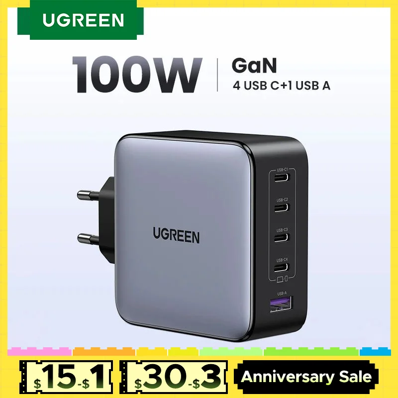 UGREEN 100W GaN Charger 5 Ports USB C Charger QC4.0 3.0 PPS For Macbook Air Laptop Tablet PDFast Charger For iPhone 16 15 14 Pro