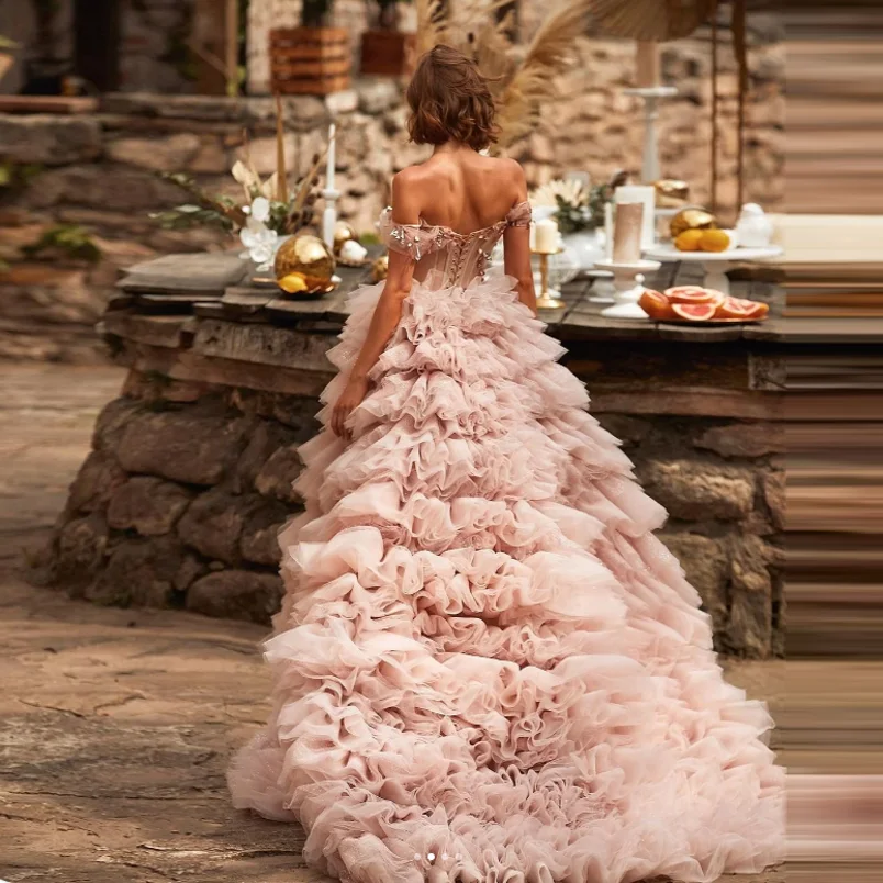 Robe de Rhen tulle à volants roses blush, appliques perlées, hors de l'événement initié, robes de soirée azole, robe à lacets pour les patients de plage, quelle que soit la 2024