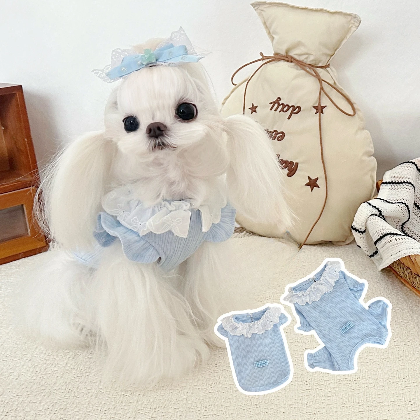 Pet Autumn and Winter Lace Flying Sleeve Base Shirt Cute Autumn and Winter Four Legged Jumpsuit Teddy Cat Winter Pajamas