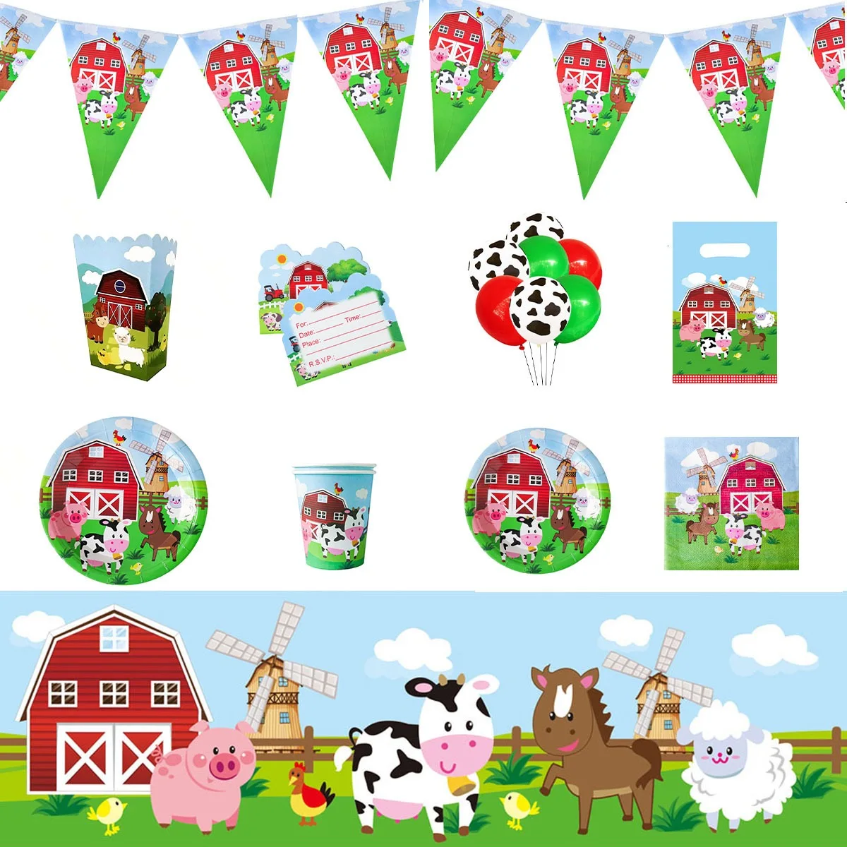 

Green Farm Animal Party Decoration Balloon Cartoon Cow Chicken Pig Paper Tableware Back Children Bathing Birthday Party Supplies