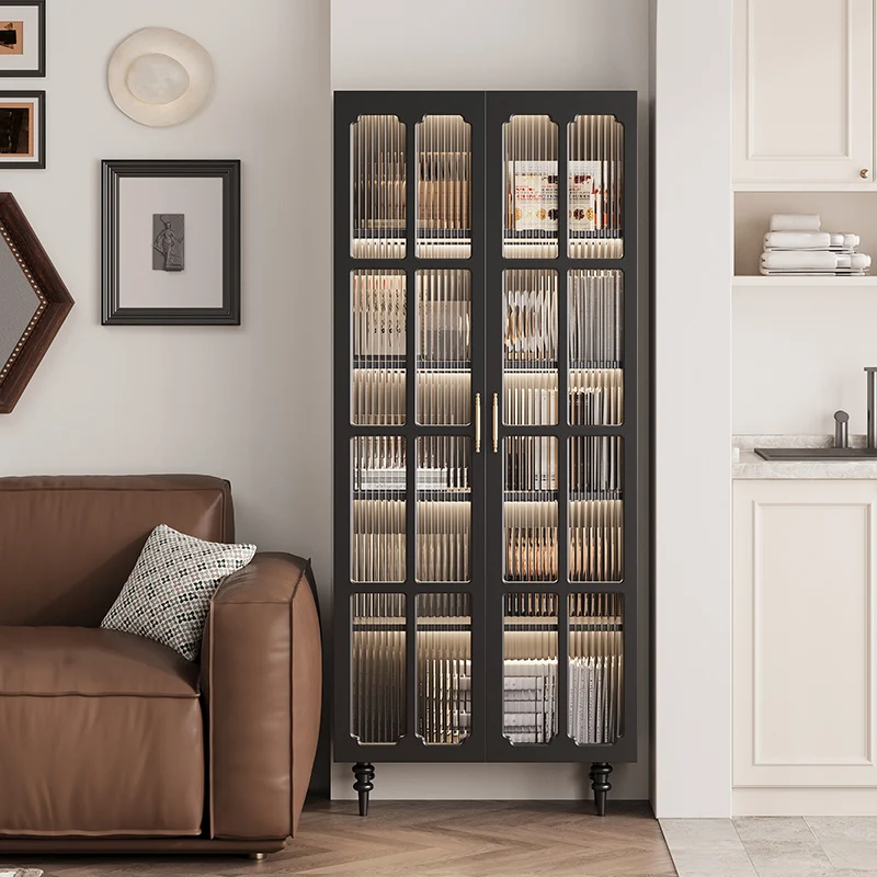 American glass door bookcase, black storage cabinet, living room sofa side vertical cabinet, locker, dust-proof figure display c