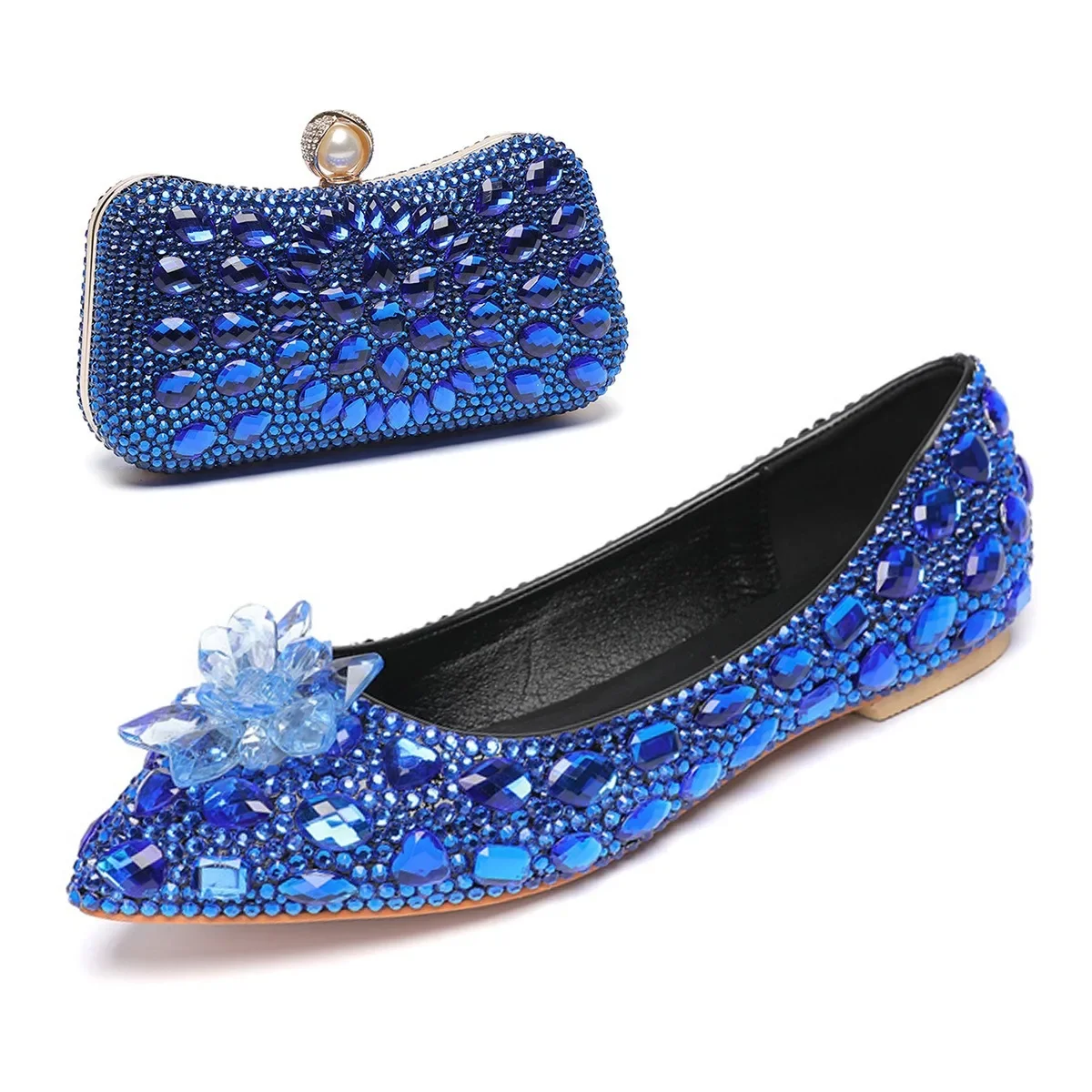 Flat Pumps  Bag Combination Suit Rhinestone Pointed Toe Formal Solid Wedding Shoes Crystal Bride Fashion Trend