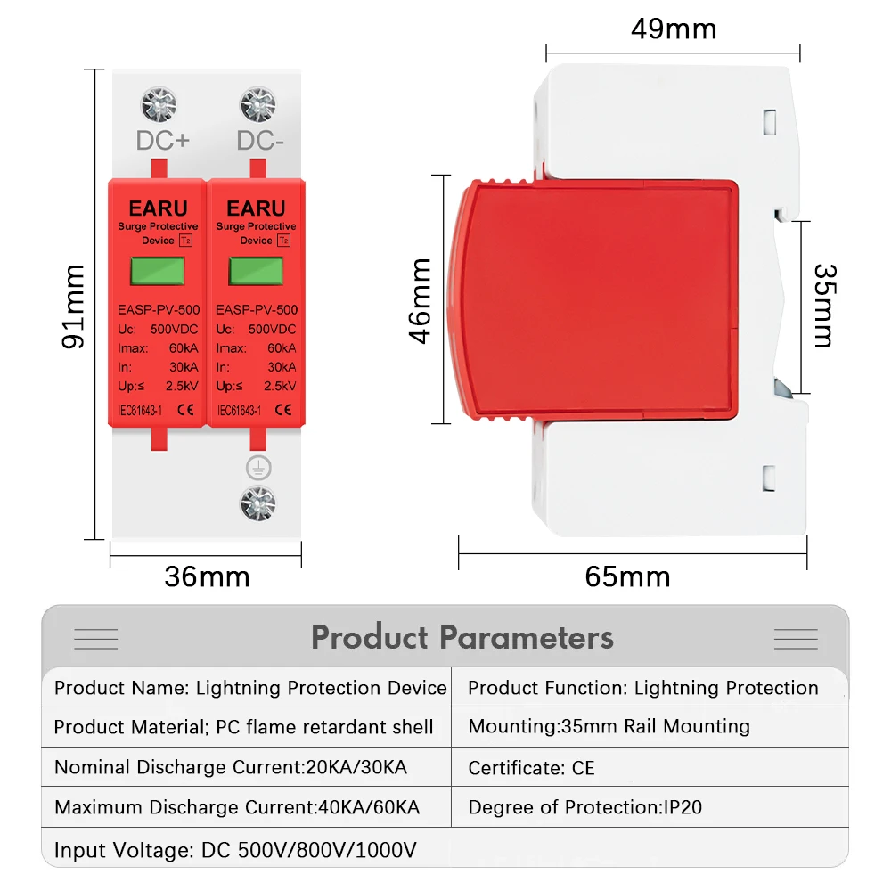 2P SPD DC 500V 800V 1000V 20~40KA Lightning Surge Protection Protector Device Arrester Low Voltage House 2 Poles PV Photovoltaic