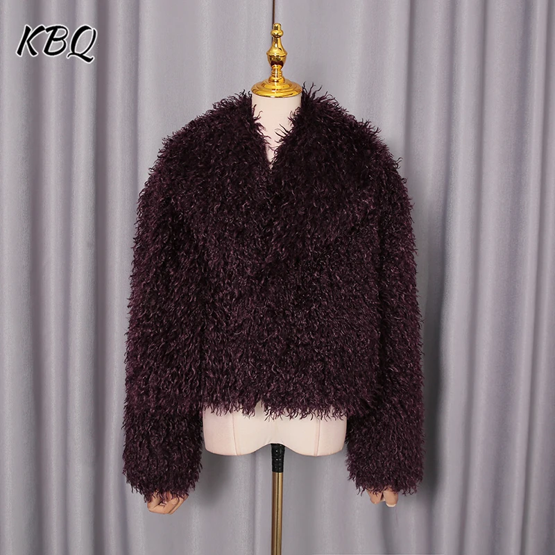 

KBQ Temperament Solid Artificial Fur Short Coats for Women V Neck Long Sleeve Elegant Chic Jackets Female Fashion Winter New