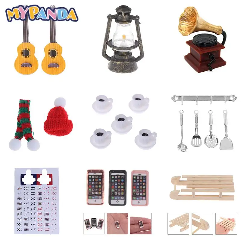 Dollhouse Simulation Coffee Cup Mini Gramophone Toolbox Playing Cards Guitar Retro Kerosene Lamp Spatula Basket Christmas Sleigh