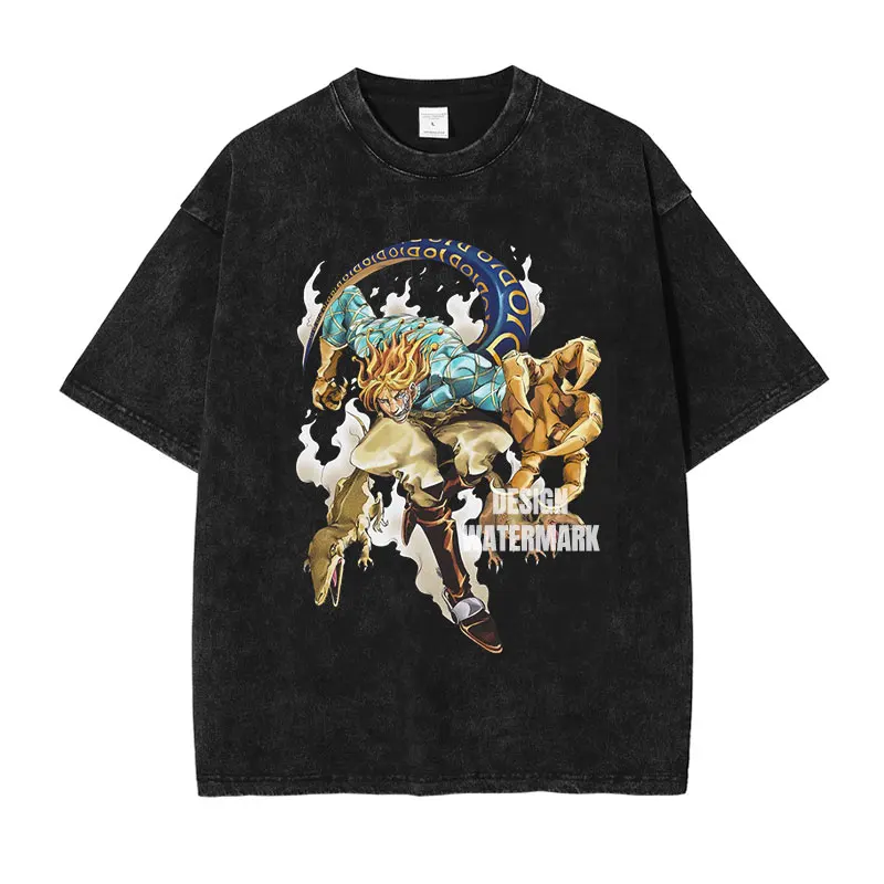 JOJO Steel Ball Run T-shirt Vintage Washed Zeppeli Gyro T Shirts Oversize Manga JOJO DIO Jotaro Jolyne Jean Pierre Tops Tees Men image 6