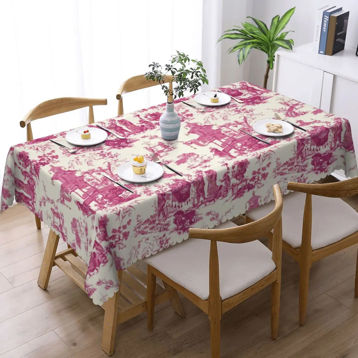 Round Toile De Jouy Pink Chinoiserie Tea House Pagoda Table Cloth Oilproof Tablecloth 60 inches Table Cover for Kitchen Dinning