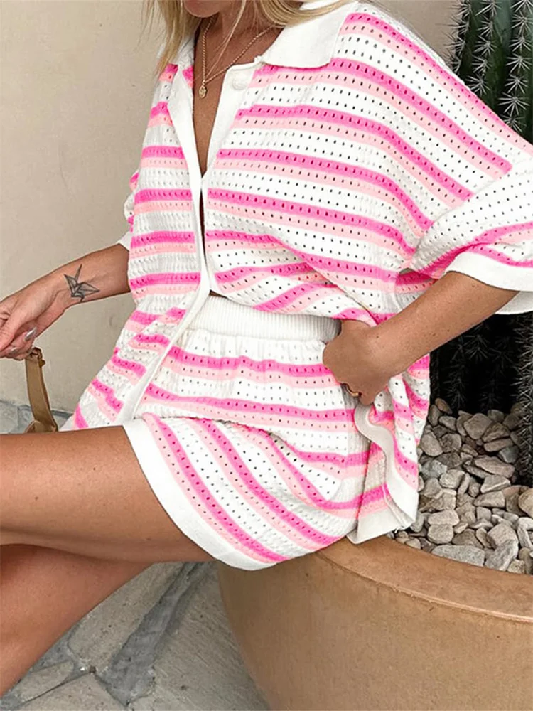 Women Striped Knitted 2 Pieces Loungewear Suits Contrast Color Crochet Knit Tops Shorts Lounge Sets Summer Vacation Beachwear