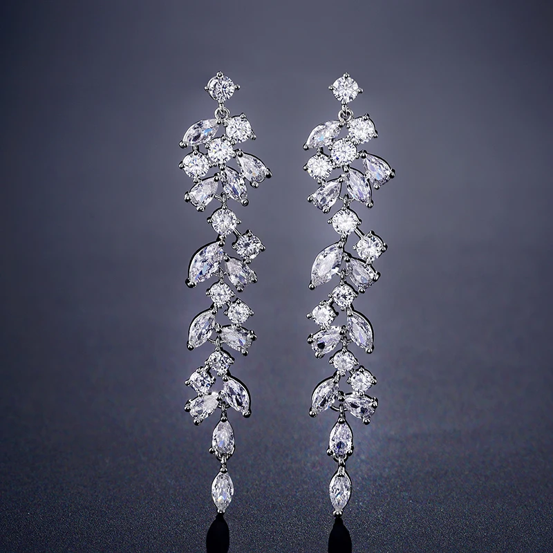 ZAKOL Fashion Cubic Zirconia Leaf Long Dangle Earrings for Women White Leaves Drop Earring Bridal Wedding Jewelry Gifts