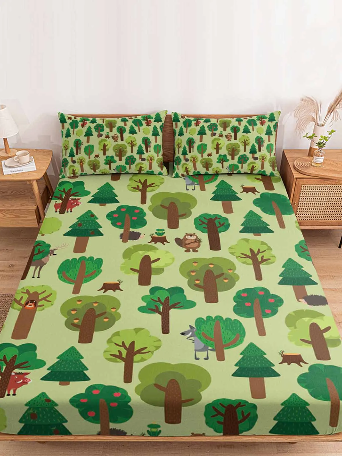 

Forest Animals Cartoon Tile Fitted Bed Sheet Cover Elastic Band Anti-slip Mattress Protector for Single Double King