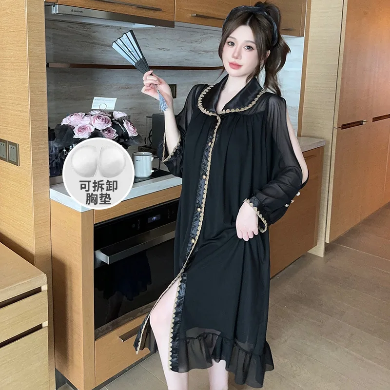 

Весенне-летняя ночная сорочка-кардиган из сетки в стиле принцессы с разрезом, длинными рукавами и встроенными чашечками, пижама-платье для дома, можно носить на выход