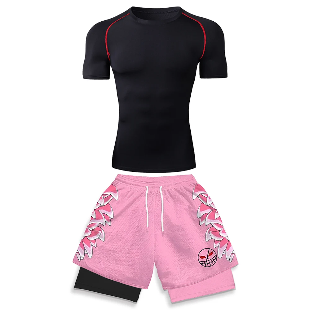 High Elasticity Workout Gear for Men White Compression T-shirt & Pink 3D Graphic Print Running Shorts Anime Gym Jogging Clothes view 3