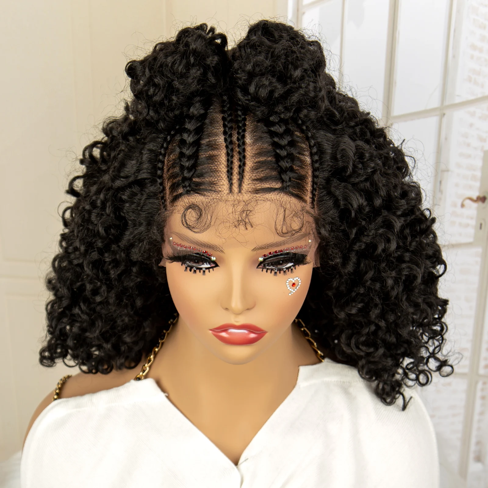 13x4 Spitze frontale synthetische geflochtene Perücken für schwarze Frauen Geflecht Perücke mit Babyhaar 16 Zoll Afro lockige Bob Perücken geflochtene Perücke