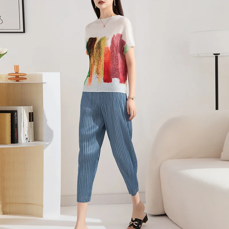 Pleated Multicolour Shirt Women 2024 Summer New Crewneck Patchwork Color Short Sleeve T-shirt Breathable Soft Tops Round Neck Lo