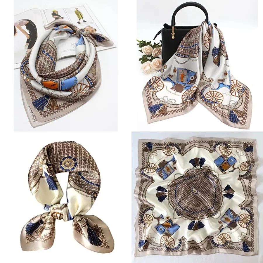 

100% Mulberry Silk Square Scarf for Hair-25.6" X25.6'' Women Men Natural Silk Neckerchief Digital Printed Headscarf, Carriage-tan