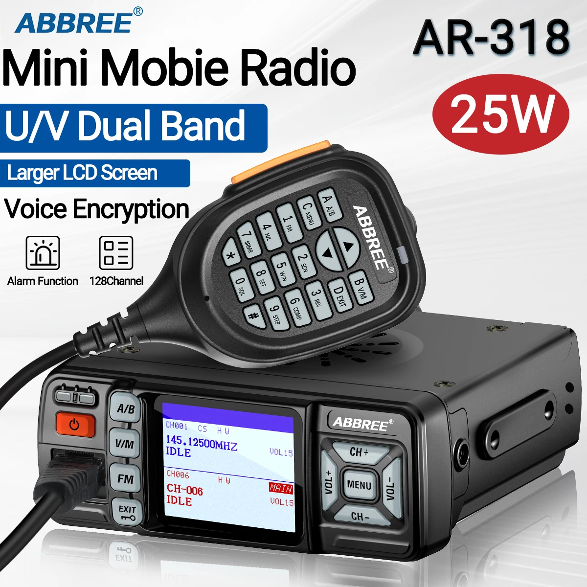 ABBREE Mobile Radio Walkie Talkie 25W Dual Band DTMF VHF UHF Long Range Transceiver HF AR-318 AR-218 Mini Car Radio